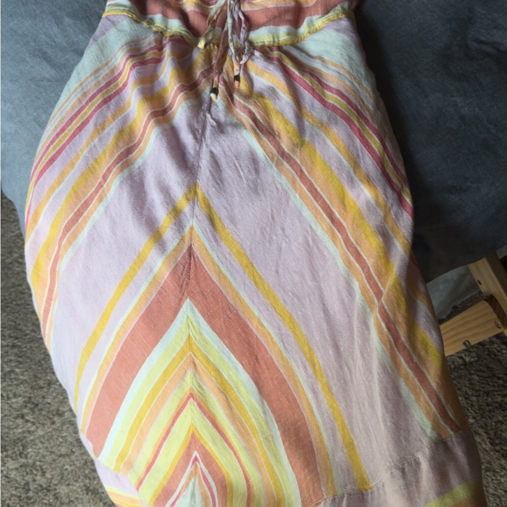 Anthropologie Pink Yellow Coral and White Striped Linen Halter Dress